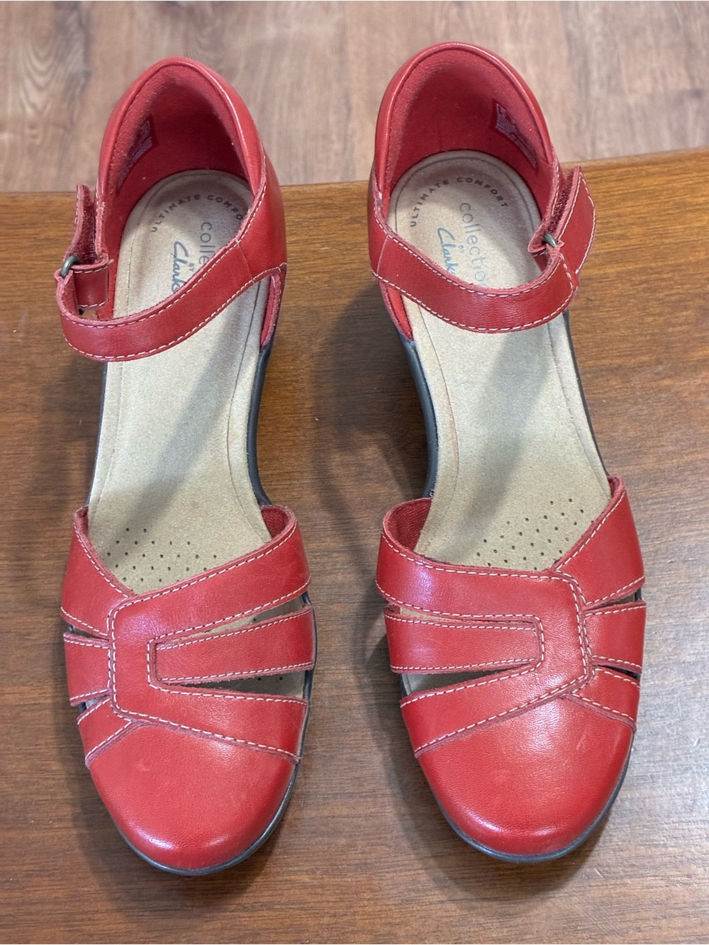 Clarks Red Leather Mary Jane Heels with Ankle Strap